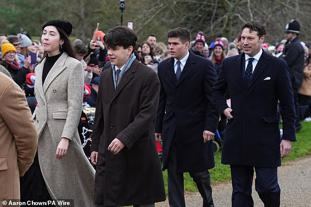 The late Princess Margaret's eldest grandchildren Samuel Chatto (second left) and Arthur Chatto (second right) attending the Christmas Day morning church service at St Mary Magdalene Church in Sandringham, Norfolk