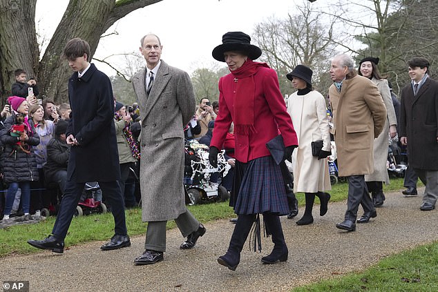 Prince Edward, second left, and Princess Anne arrive for the the Christmas day service at St Mary Magdalene Church in Sandringham in Norfolk, England