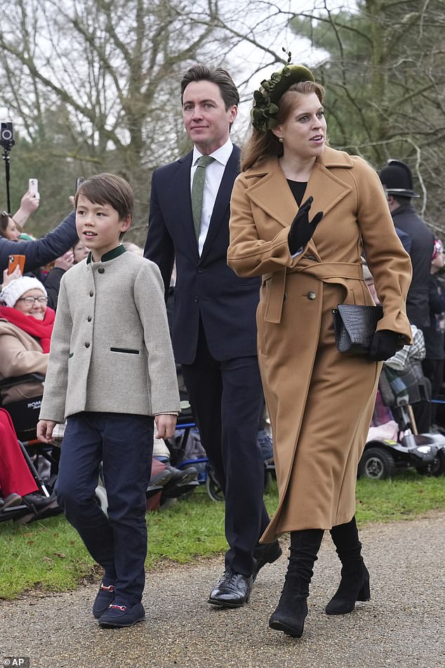 Princess Beatrice waves at the crowds with her husband Edoardo Mozzi and her stepson Christopher Woolf