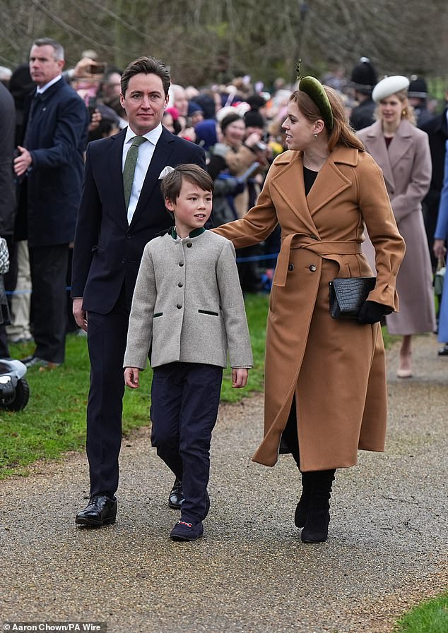 Princess Beatrice, who is pregnant, Edoardo Mapelli Mozzi and Christopher Woolf attending the Christmas Day morning church service at St Mary Magdalene Church in Sandringham, Norfolk