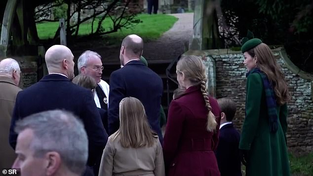 Members of the royal family who walked to the service were greeted at the foot of the steps to the church by the Reverend Canon Dr Paul Rhys Williams