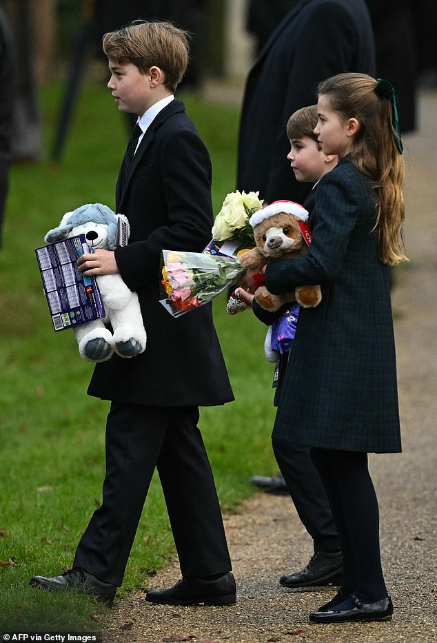 Both George and Charlotte were seen clutching teddy bears after the Christmas Day service