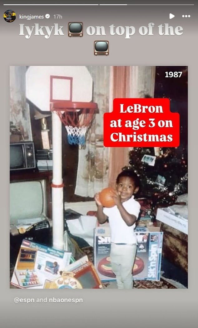 LeBron James shared a photo of his young self receiving a basketball set for Christmas