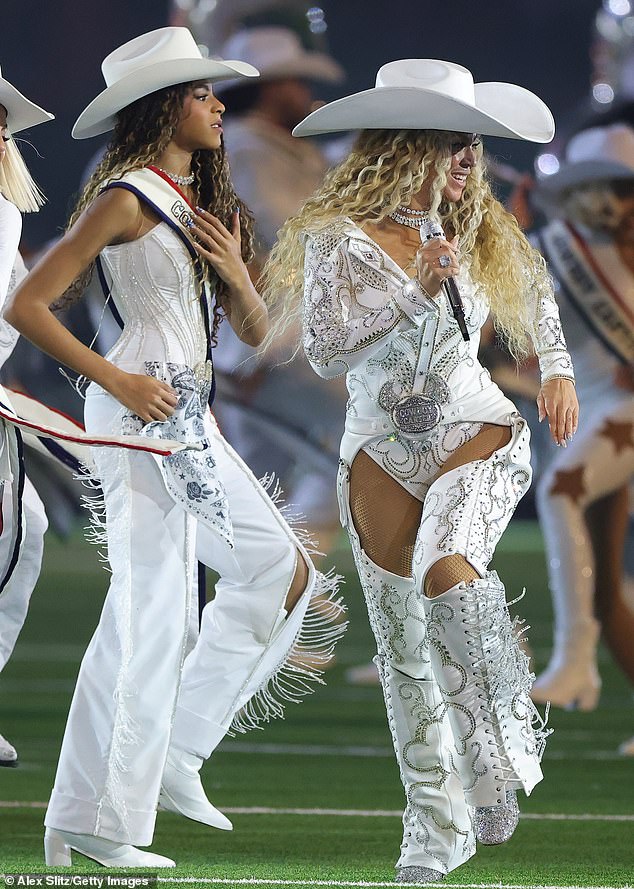 Blue coordinated with Beyoncé in all-white western wear and $50 Akira 'Azalea Wang' boots as she served back-up dancer duties for the climactic, closing number - Texas Hold 'Em