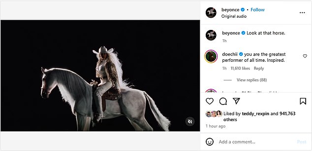 On Wednesday, Queen Bey - who boasts 423.6M social media followers - teased a new music video dropping January 14 with a slow-motion clip captioned: 'Look at that horse'