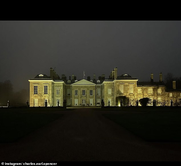 On Christmas Day, Charles also posted a picture of Althorp House - suggesting this is where he spent the day - sharing a dark snap of the sweeping estate, lit up by a stream of yellow light