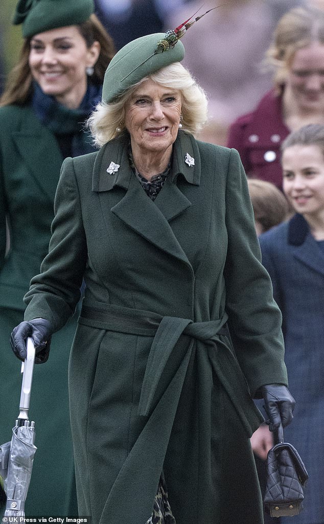 While they were not spotted on the annual walkabout, it is understood that the pair - who are both from Camilla's previous marriage to ex-husband Andrew Parker Bowles - attended the Christmas Day service at St Mary Magdalene Church (Queen Camilla pictured yesterday)