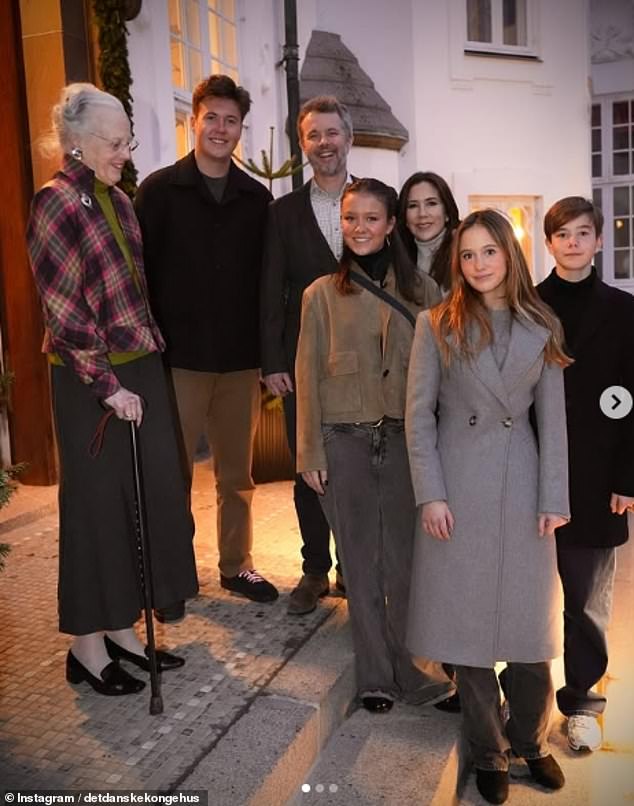 The royal, 52, looked in high spirits as she posed next to her husband, King Frederik and their four children, Prince Christian, Princess Isabella, Prince Vincent and Princess Josephine, along with Queen Margrethe