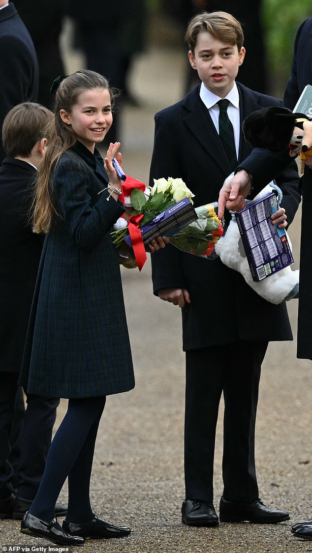 Joining William and Kate as set off on the annual morning stroll at Sandringham in Norfolk, were their trio of cheeky children, Prince George, 11, (right) Princess Charlotte, (left) nine, and six-year-old Prince Louis