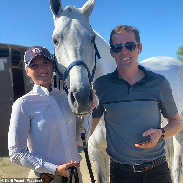 The nepo-baby of John Mellencamp refused to 'confirm or deny' DailyMail.com's report that she embarked on a months-long affair with her horse trainer Simon Schröeder (R) while his wife Karli Postel (L) was pregnant with their second child