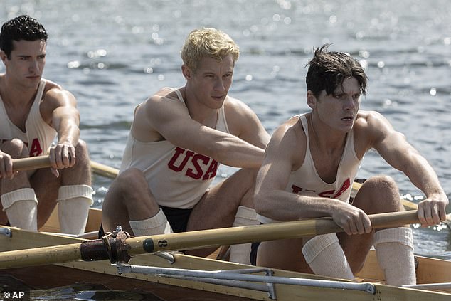 He has also bagged big roles in the likes of The Boys in the Boat with George Clooney (pictured in a scene with Bruce Herbelin-Earle and Jack Mulhern)