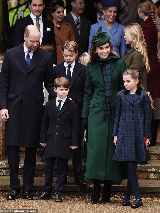 The Wales family sweetly matched their attire at the Christmas morning church service at St Mary Magdalene Church in Sandringham, Norfolk, on Wednesday