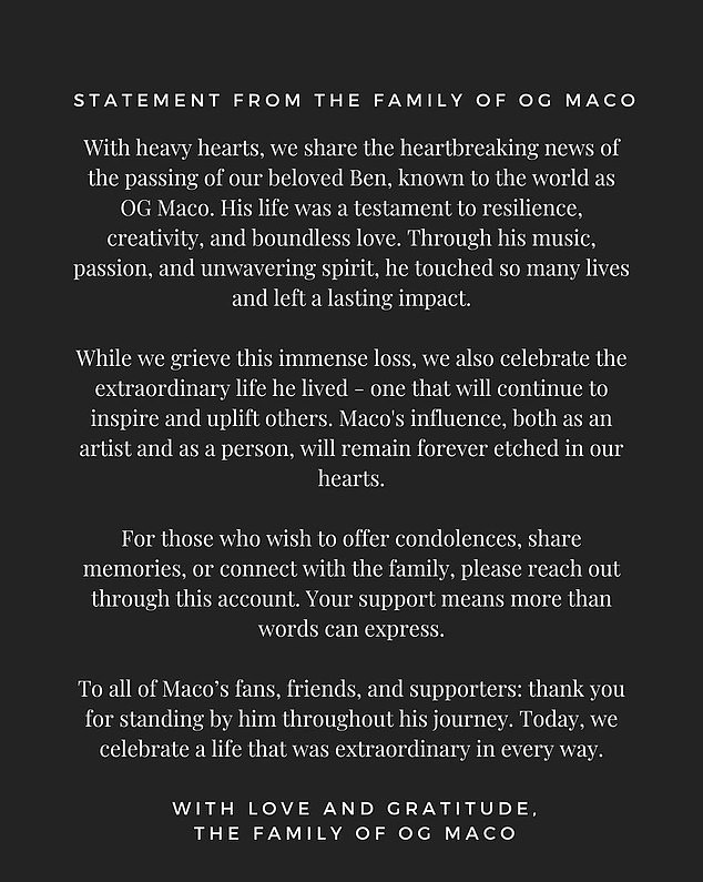 His family issued a statement praising Maco for his influence and artistry on his Instagram account on Friday