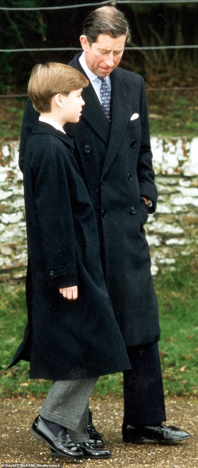 Prince William is pictured in 1993, aged 11, wearing a long coat to the Sandringham Church service, accompanied by his father Prince Charles