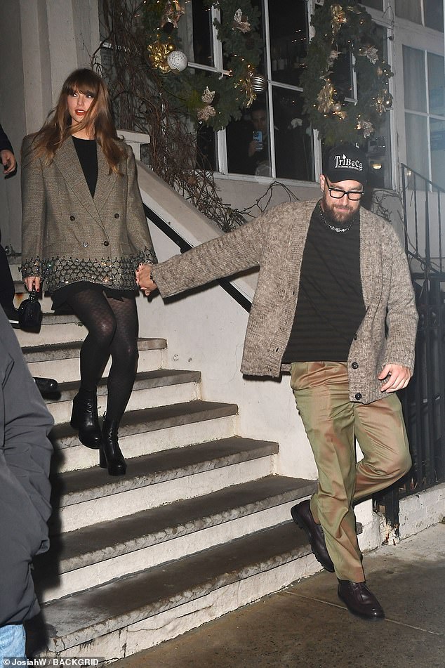 Meanwhile, the Kansas City Chiefs tight end, known for his quirky matching sets and streetwear-inspired looks, opted for a tan knit, black striped shirt, shiny gold pants and loafers