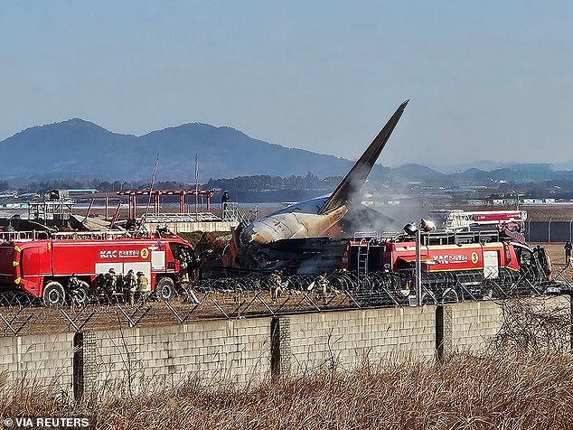 Firefighters putting the fire out after the plane drove off runway and crashed into a wall