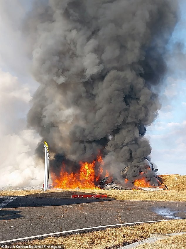 This handout photo taken and released on December 29, 2024 by the South Korean National Fire Agency shows the scene where a Jeju Air Boeing 737-800 series aircraft crashed and burst into flames