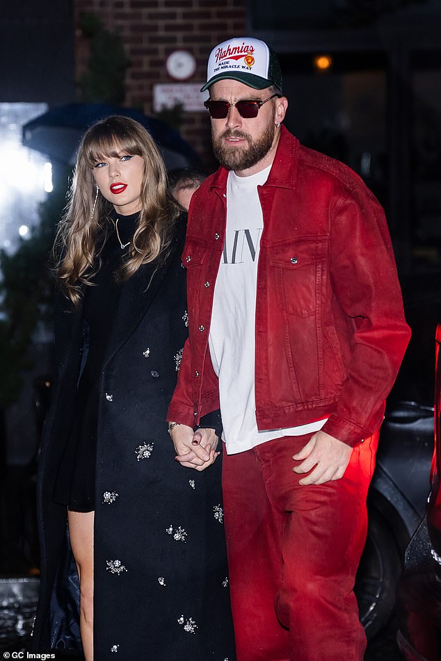 Social media users soon jumped to X to share their thoughts on the couple's ensembles, with one penning, 'THE MATCHING COLOURS AHHHHHHH TAYLOR AND TRAVIS YOU GUYS LOOK INCREDIBLE!!!'