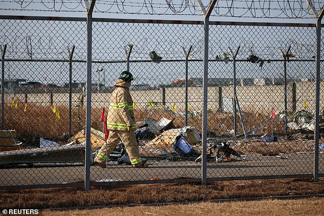 A rescue worker walks past the wreckage of an aircraft that has claimed the lives of at least 124 people - December 29, 2024