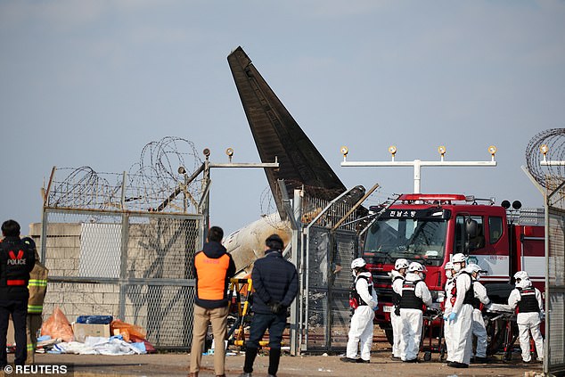 Rescue workers take part in a salvage operation at the site where an aircraft crashed after it went off the runway at Muan International Airport, in Muan, South Korea - December 29, 2024