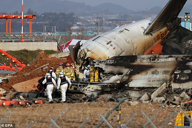 Firefighters work at the wreckage of the Jeju Air aircraft at Muan International Airport in Muan - December 29, 2024