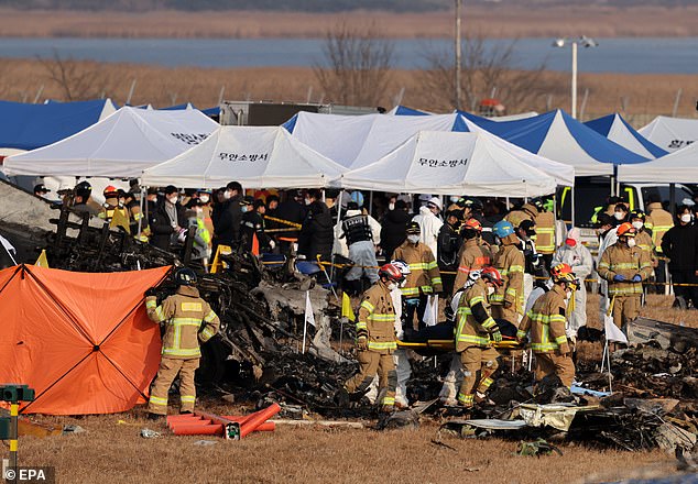 Firefighters walk near the charred remains of the aircraft on the runway at Muan International Airport - December 29, 2024