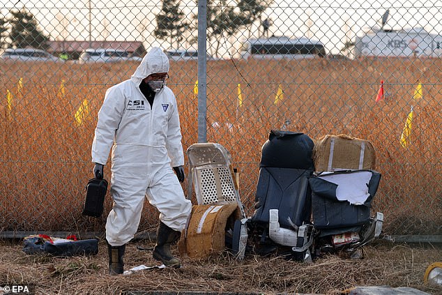 A member of Korea Crime Scene Investigation inspects the wreckage of the Jeju Air aircraft