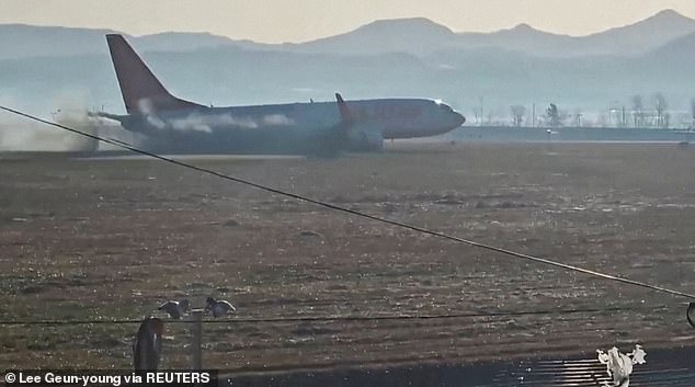 Black smoke emits from Jeju Air aircraft flight 7C2216 as it veers off the runway before crashing