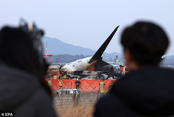 epaselect epa11797046 People look on as firefighters search at the wreckage of the Jeju Air aircraft at Muan International Airport in Muan, 288 kilometers southwest of Seoul, South Korea, 29 December 2024. According to the National Fire Agency, a passenger jet carrying 181 people erupted in flames after going off the runway at an airport in South Korea's southwestern county of Muan on 29 December, leaving at least 176 people dead.  EPA/HAN MYUNG-GU