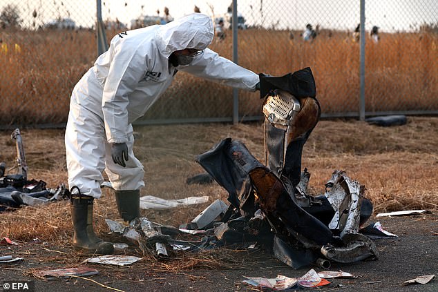 A member of Korea Crime Scene Investigation inspects the wreckage of the Jeju Air aircraft