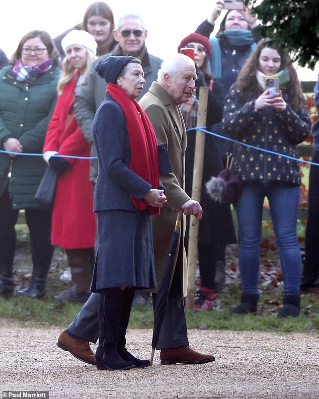 King Charles and Princess Anne wrapped up warm in thick winter coats as they attended a Sunday service at St Mary Magdalene church in Sandringham today