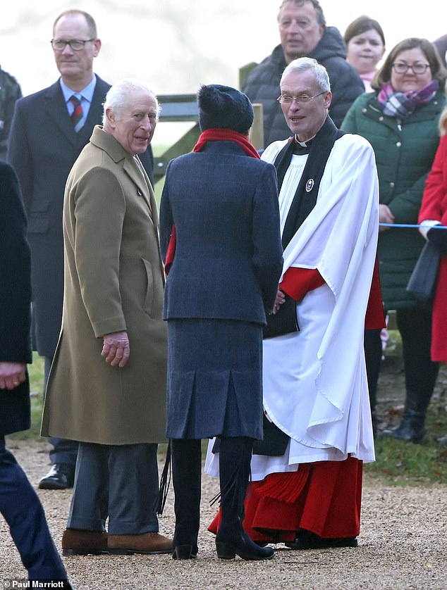 Charles and Anne stopped briefly to speak to Reverend Canon Paul Williams outside St Mary Magdalene church this morning, before heading inside