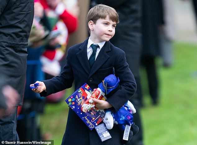 Joining William and Kate on the annual morning stroll at Sandringham in Norfolk on Christmas Day were their trio of cheeky children, Prince George, 11, Princess Charlotte , nine, and six-year-old Prince Louis (pictured)