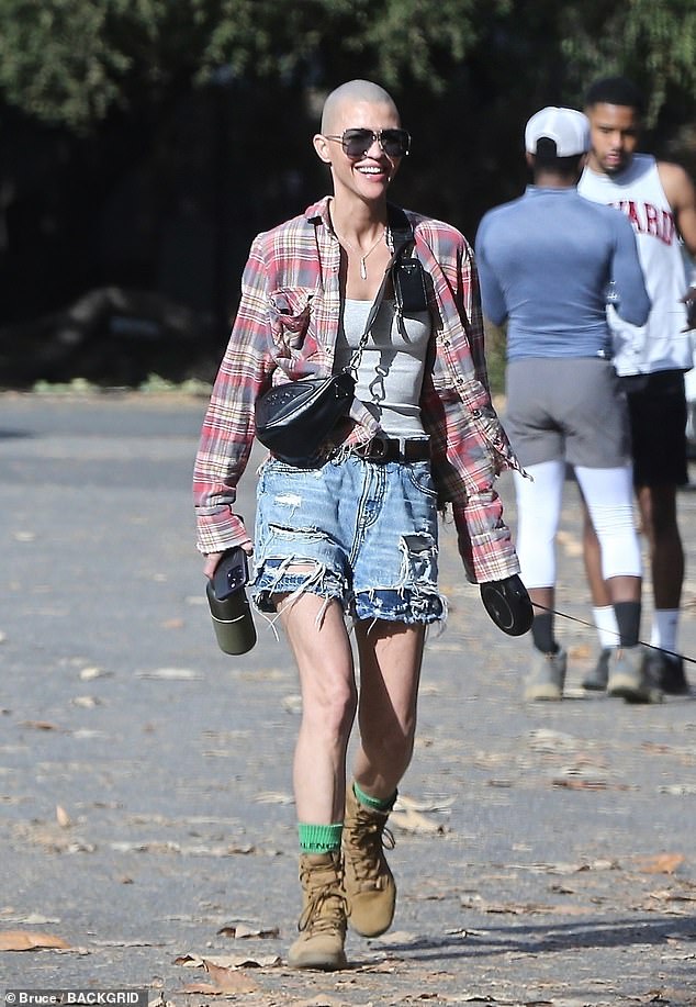 Ruby came dressed for a day of walking in a plain grey tank top and a flannelette shirt