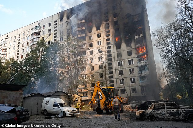 A residential building on fire in Kharkiv in August 2024. Russia has lost 787,940 troops, killed or wounded since its invasion of Ukraine almost three years ago