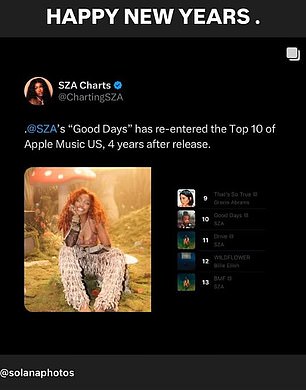 SZA also revealed her song Good Days had 're-entered the Top 10 of Apple Music US, 4 years after release'