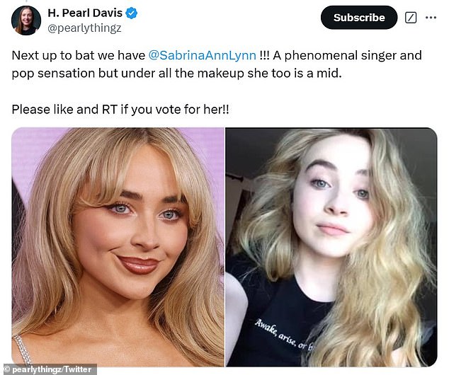 She nominated her for a 'catfish of the year' award, along with Sydney Sweeney and Paige Spiranac