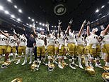 Notre Dame players celebrate after quarterfinal game against Georgia in a College Football Playoff, Thursday, Jan. 2, 2025, in New Orleans. (AP Photo/Gerald Herbert)