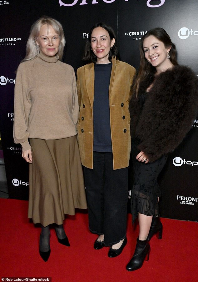 She was also joined on the red carpet by Gia Coppola (centre) , the director of the movie, and her co-star Billie Lourd, 32 (right) at The Last Showgirl event sponsored by El Cristiano Tequila, Peroni Beer and UTOPIA Films