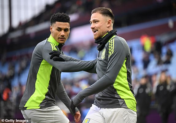 BIRMINGHAM, ENGLAND - JANUARY 04: Ollie Watkins and Matty Cash of Aston Villa warm up prior to  the Premier League match between Aston Villa FC and Leicester City FC at Villa Park on January 04, 2025 in Birmingham, England. (Photo by Clive Mason/Getty Images)