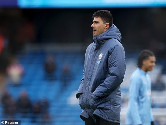 Soccer Football - Premier League - Manchester City v West Ham United - Etihad Stadium, Manchester, Britain - January 4, 2025 Manchester City's Rodri before the match REUTERS/Phil Noble EDITORIAL USE ONLY. NO USE WITH UNAUTHORIZED AUDIO, VIDEO, DATA, FIXTURE LISTS, CLUB/LEAGUE LOGOS OR 'LIVE' SERVICES. ONLINE IN-MATCH USE LIMITED TO 120 IMAGES, NO VIDEO EMULATION. NO USE IN BETTING, GAMES OR SINGLE CLUB/LEAGUE/PLAYER PUBLICATIONS. PLEASE CONTACT YOUR ACCOUNT REPRESENTATIVE FOR FURTHER DETAILS..