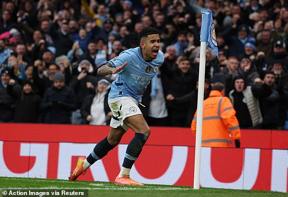 Soccer Football - Premier League - Manchester City v West Ham United - Etihad Stadium, Manchester, Britain - January 4, 2025 Manchester City's Savinho celebrates their first goal, an own goal scored by West Ham United's Vladimir Coufal Action Images via Reuters/Lee Smith EDITORIAL USE ONLY. NO USE WITH UNAUTHORIZED AUDIO, VIDEO, DATA, FIXTURE LISTS, CLUB/LEAGUE LOGOS OR 'LIVE' SERVICES. ONLINE IN-MATCH USE LIMITED TO 120 IMAGES, NO VIDEO EMULATION. NO USE IN BETTING, GAMES OR SINGLE CLUB/LEAGUE/PLAYER PUBLICATIONS. PLEASE CONTACT YOUR ACCOUNT REPRESENTATIVE FOR FURTHER DETAILS..