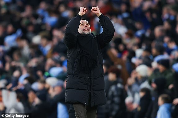 MANCHESTER, ENGLAND - JANUARY 04: Josep 'Pep' Guardiola, manager of Manchester City, celebrates after Erling Haaland of Mancheste City scores their side's second goal during the Premier League match between Manchester City FC and West Ham United FC at Etihad Stadium on January 04, 2025 in Manchester, England. (Photo by James Gill - Danehouse/Getty Images)