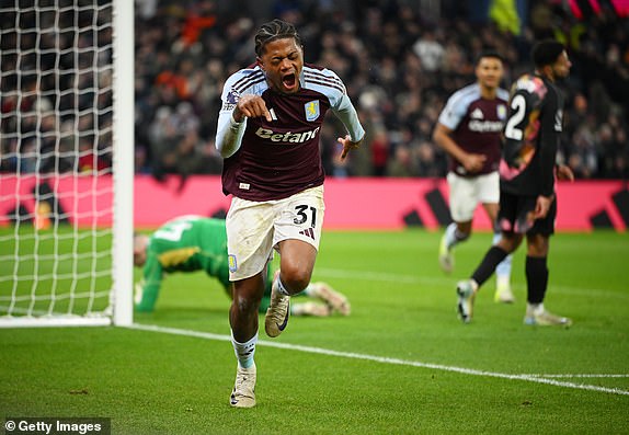 BIRMINGHAM, ENGLAND - JANUARY 04: Leon Bailey of Aston Villa celebrates scoring his team's second goal during the Premier League match between Aston Villa FC and Leicester City FC at Villa Park on January 04, 2025 in Birmingham, England. (Photo by Clive Mason/Getty Images)