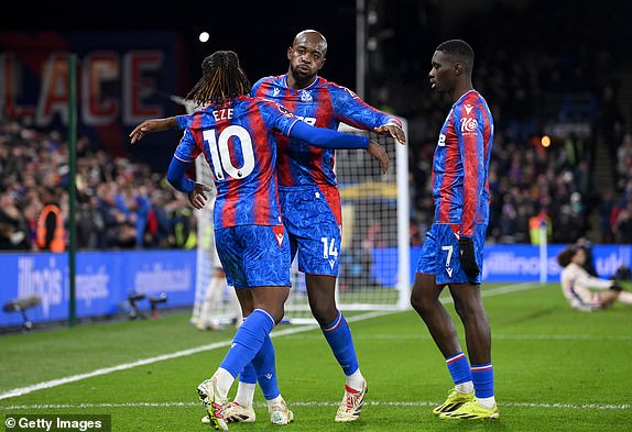 LONDON, ENGLAND - JANUARY 04: Jean-Philippe Mateta of Crystal Palace celebrates scoring his team's first goal with Eberechi Eze during the Premier League match between Crystal Palace FC and Chelsea FC at Selhurst Park on January 04, 2025 in London, England. (Photo by Justin Setterfield/Getty Images)