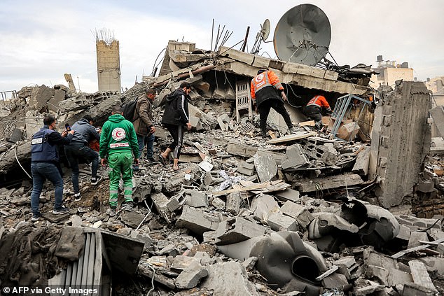 People and first responders inspect the rubble of a collapsed residential building that was hit by Israeli bombardment in the Saraya area in al-Rimal in central Gaza City on January 4,