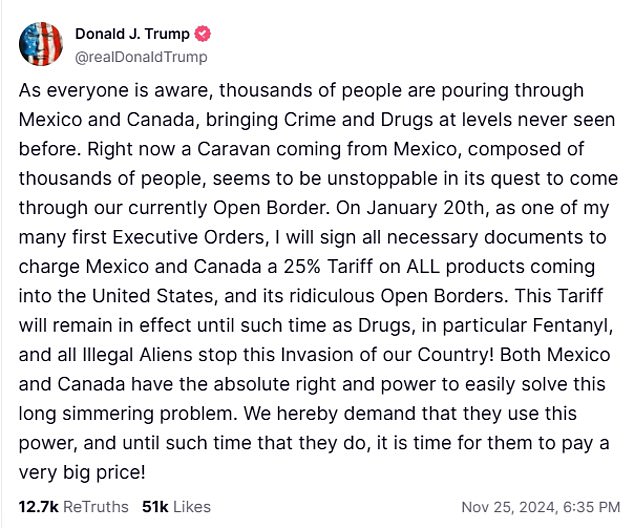 Donald Trump posted to Truth Social on November 25 his intentional to impose a 25 percent tariff on Canada and Mexico to apply pressure on the North American neighbors to do more to help quell illegal immigration and fentanyl trafficking