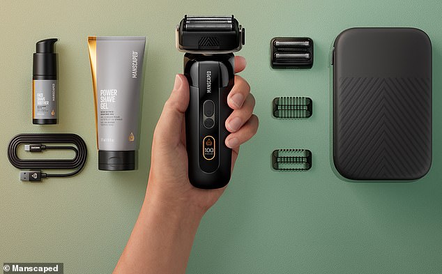 The Manscaped set includes everything seen here: a shaver, shave gel, aftershave, attachments, USB-C cable, power adapter, and a handy storage case