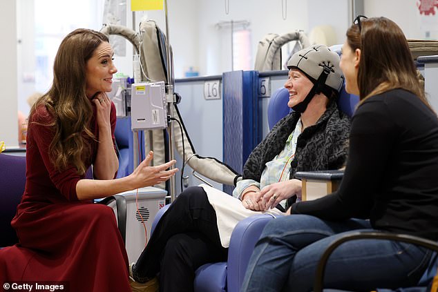 The Princess of Wales talks with patient Katherine Field at the Royal Marsden Hospital today