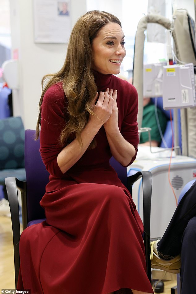 The Princess of Wales speaks to a patient at the Royal Marsden Hospital in London today